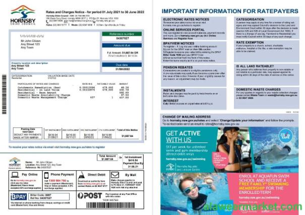 Australia NSW Hornsby Shire Council utility bill, Word and PDF template, 2 pages